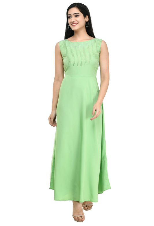 GMG Oceanista Women's Crepe Embellished Partywear Pista Green Maxi Dress PRODUCT CODE (GMG0010081)