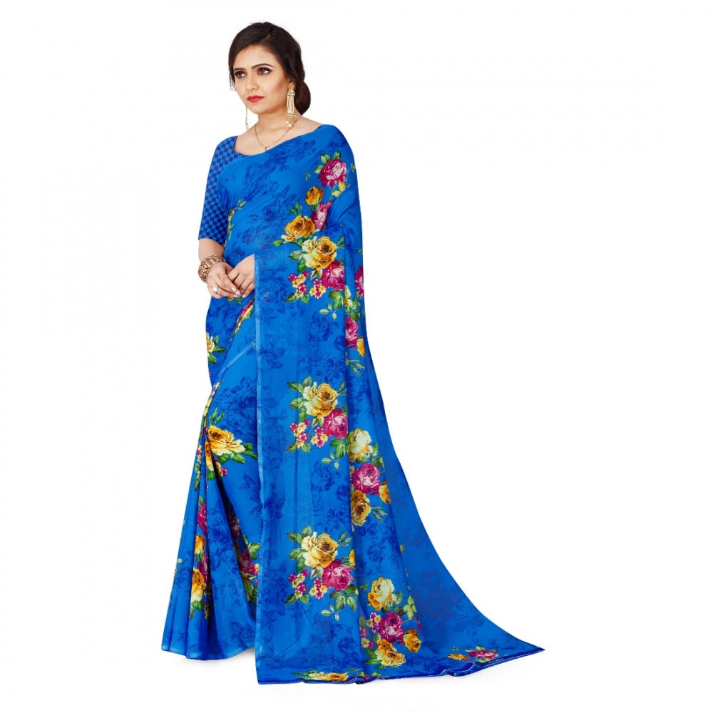 Generic Women's Faux Georgette Saree With Blouse (Blue, 5-6Mtrs)