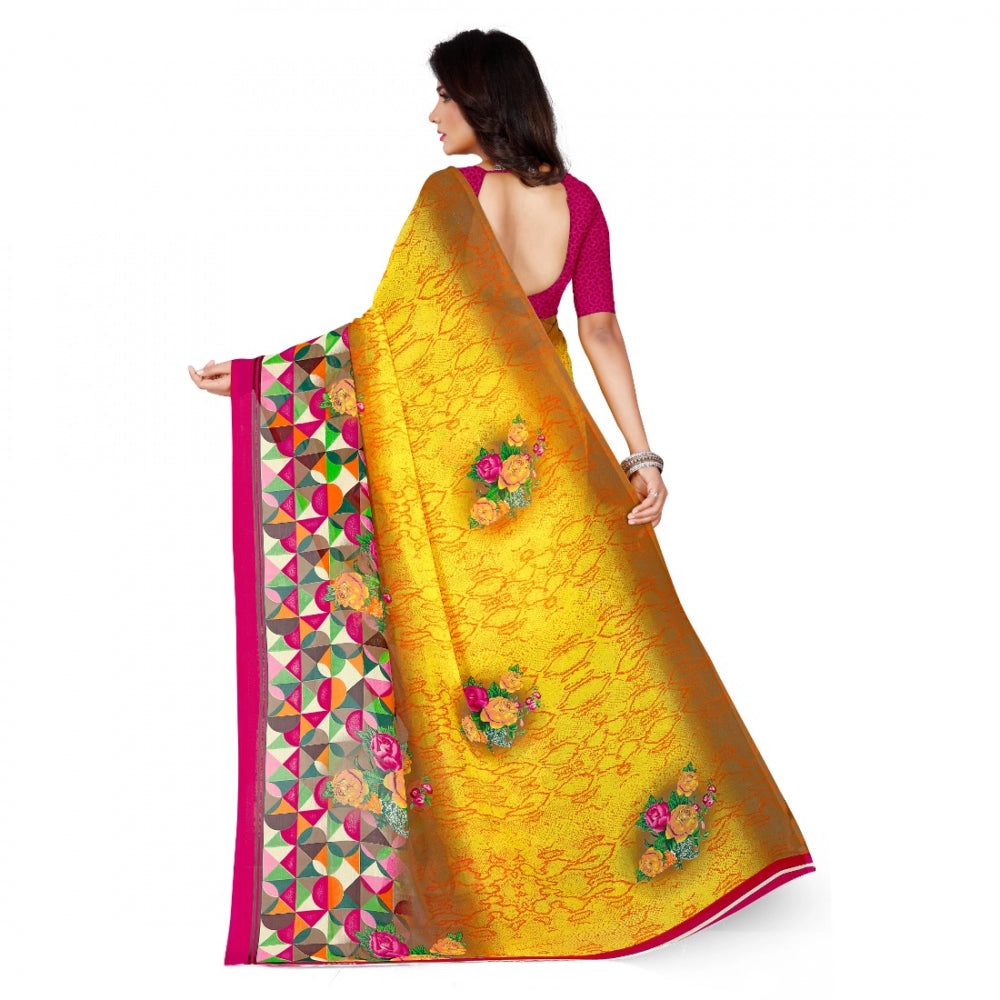 Generic Women's Faux Georgette Saree With Blouse (Yellow, 5-6Mtrs)