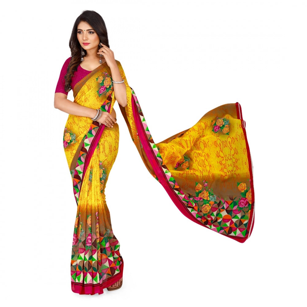 Generic Women's Faux Georgette Saree With Blouse (Yellow, 5-6Mtrs)