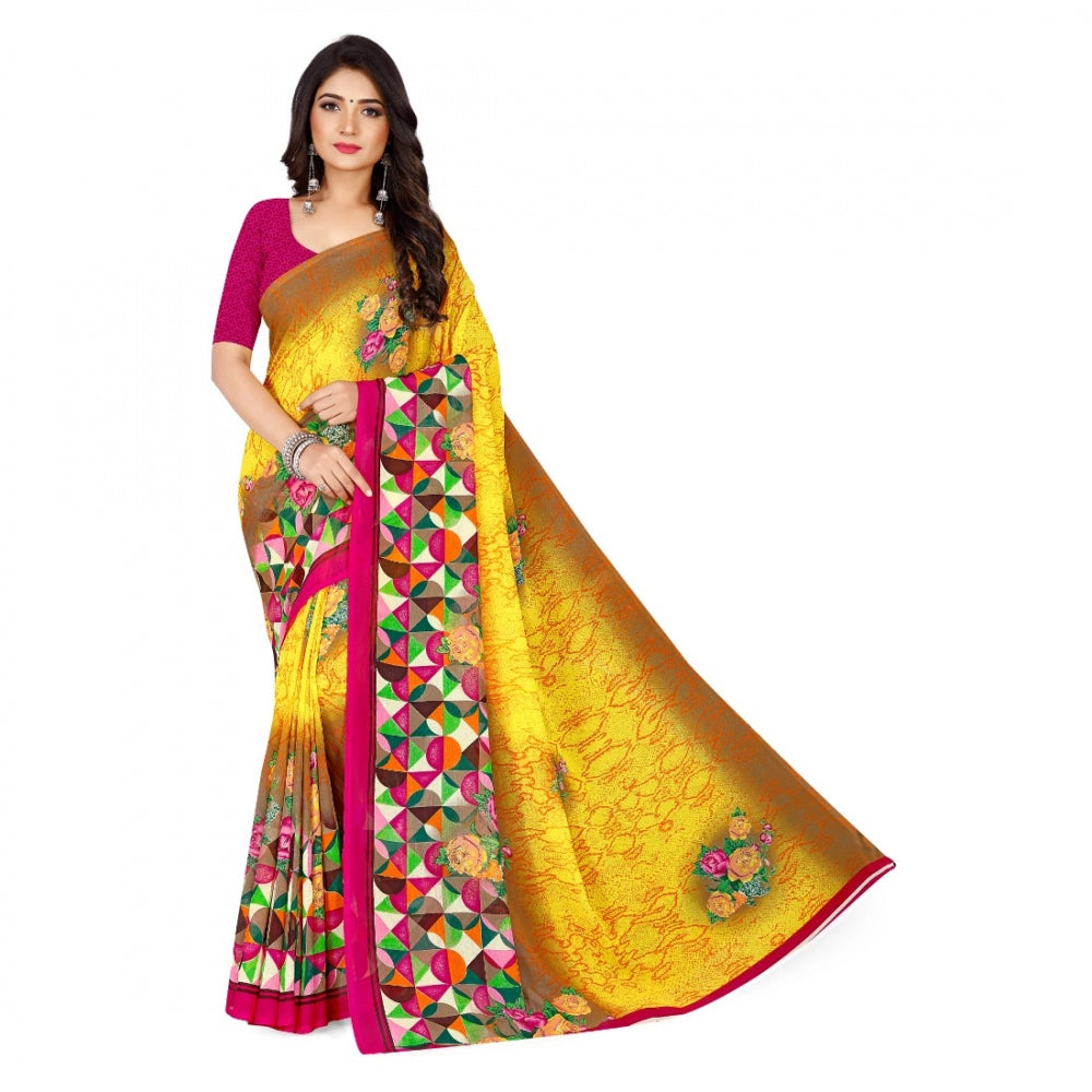 Generic Women's Faux Georgette Saree With Blouse (Yellow, 5-6Mtrs)