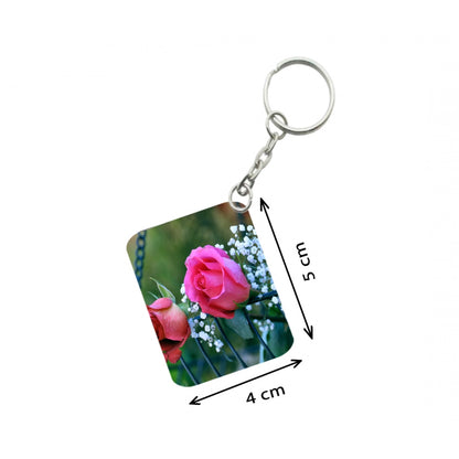 Generic Pack Of 3_ Pink Rose One Side Printed Rectangle Designer Keychain (Pink)