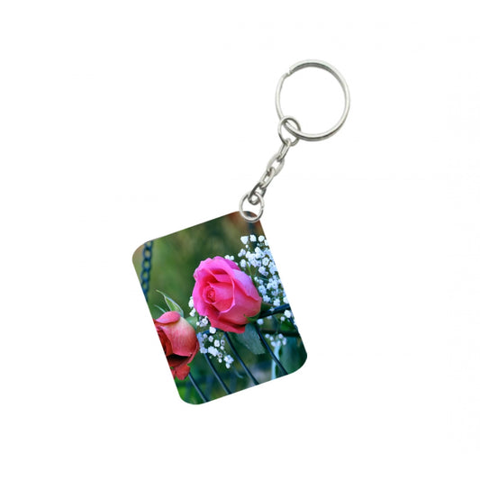 Generic Pack Of 3_ Pink Rose One Side Printed Rectangle Designer Keychain (Pink)