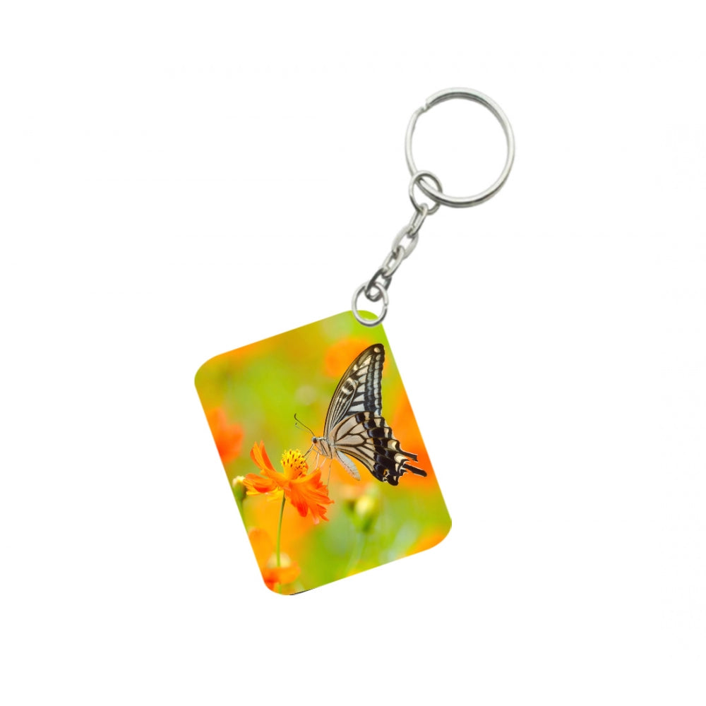 Generic Pack Of 3_ Orange Flower With Butterfly One Side Printed Rectangle Designer Keychain (Orange)