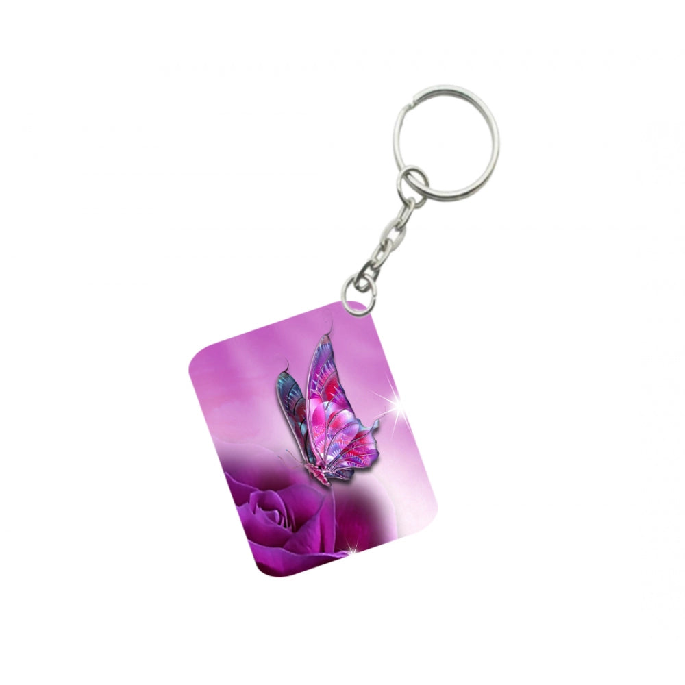 Generic Pack Of 3_ Pink Butterfly One Side Printed Rectangle Designer Keychain (Pink)