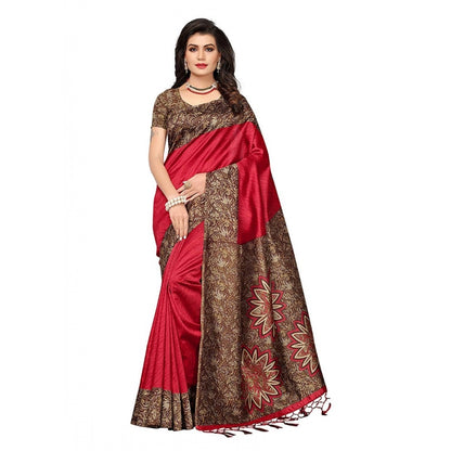 Generic Women's Art Silk Saree With Blouse (Red, 5-6mtrs)