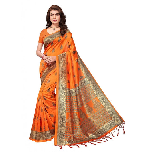 Generic Women's Art Silk Saree With Blouse (Orange, 5-6mtrs)