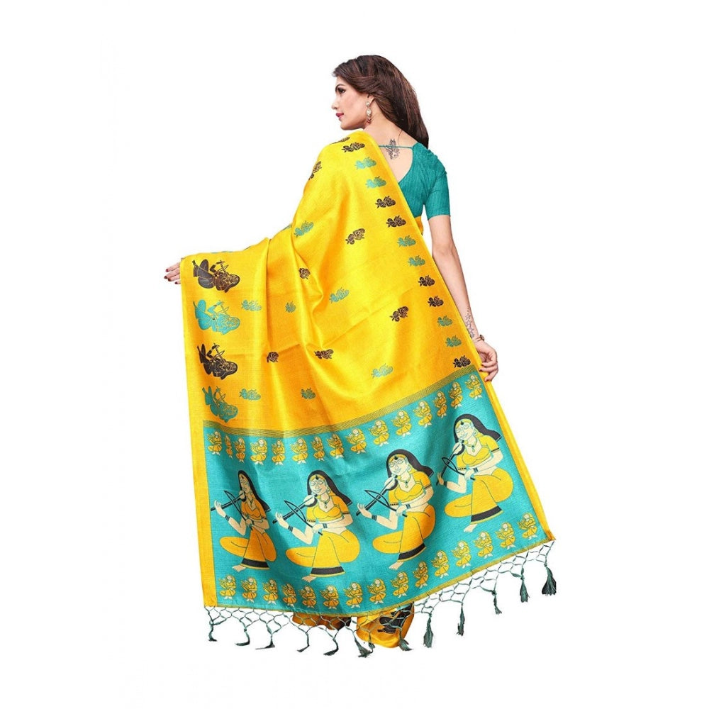 Generic Women's Khadi Silk Saree With Blouse (Yellow, 5-6mtrs)