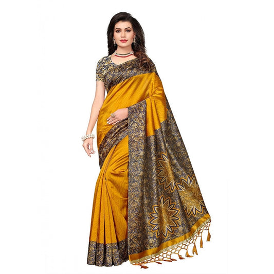 Generic Women's Art Silk Saree With Blouse (Yellow, 5-6mtrs)