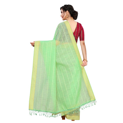 Generic Women's Cotton Saree With Blouse (Parrot Green, 5-6Mtrs)