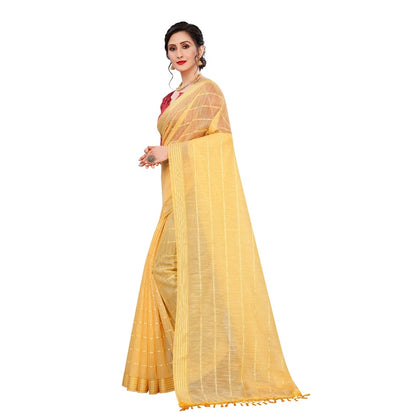 Generic Women's Cotton Saree With Blouse (Yellow, 5-6Mtrs)