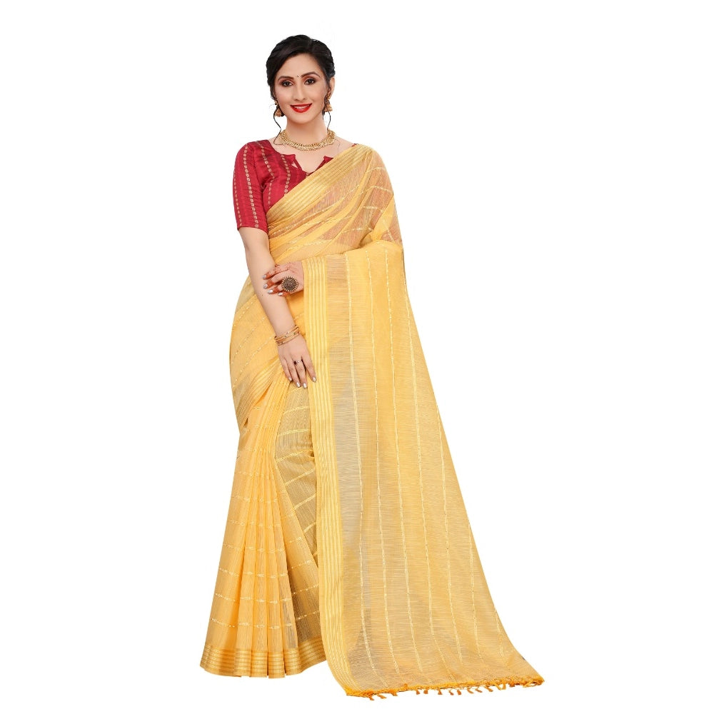 Generic Women's Cotton Saree With Blouse (Yellow, 5-6Mtrs)