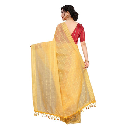 Generic Women's Cotton Saree With Blouse (Yellow, 5-6Mtrs)