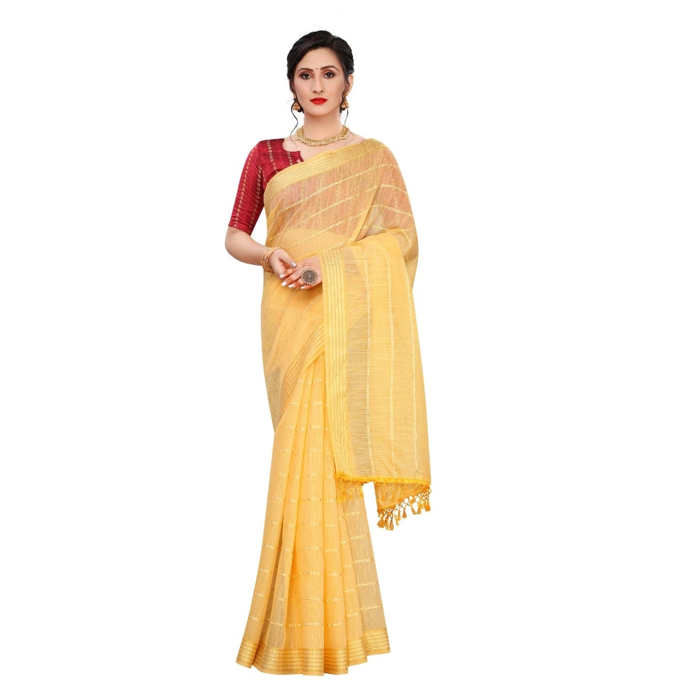 Generic Women's Cotton Saree With Blouse (Yellow, 5-6Mtrs)