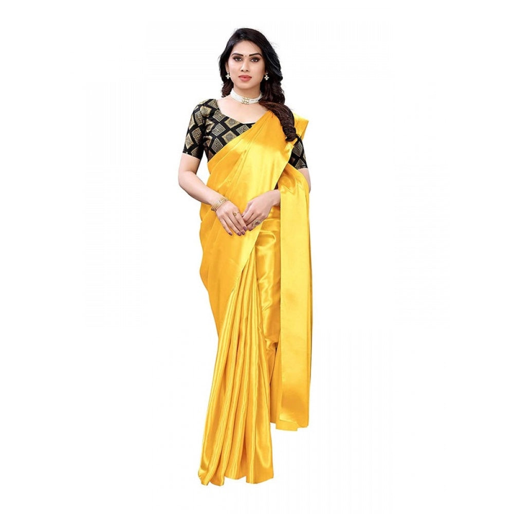 Generic Women's Satin Saree With Blouse (Yellow, 5-6mtrs)