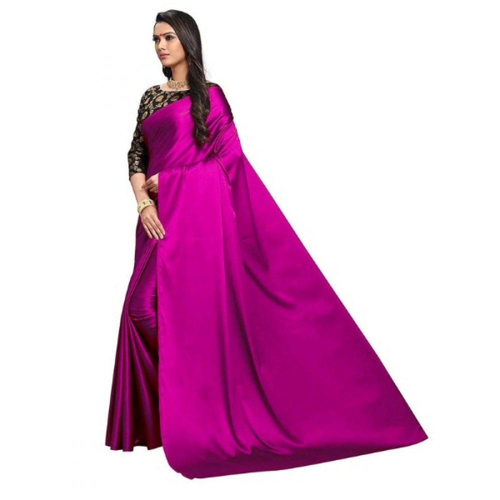 Generic Women's Satin Saree With Blouse (Magenta, 5-6mtrs)