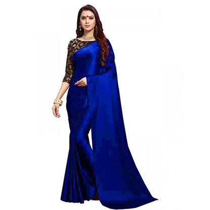 Generic Women's Satin Saree With Blouse (Blue, 5-6mtrs)