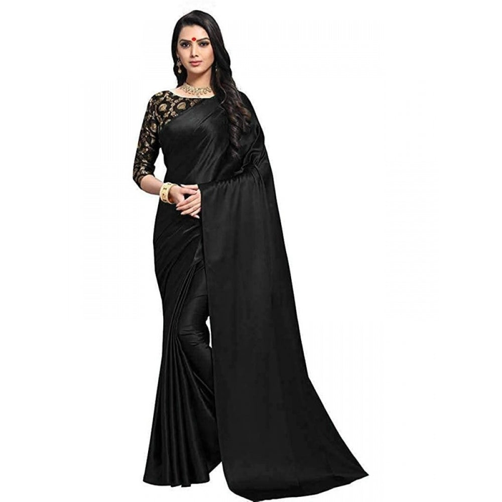 Generic Women's Satin Saree With Blouse (Black, 5-6mtrs)