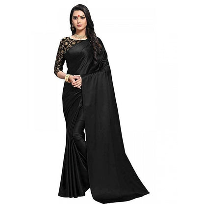 Generic Women's Satin Saree With Blouse (Black, 5-6mtrs)