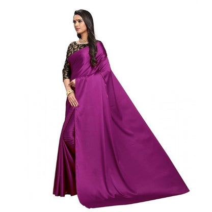 Generic Women's Satin Saree With Blouse (Wine, 5-6mtrs)