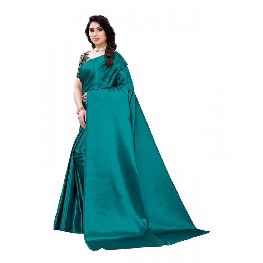 Generic Women's Satin Saree With Blouse (Teal, 5-6mtrs)