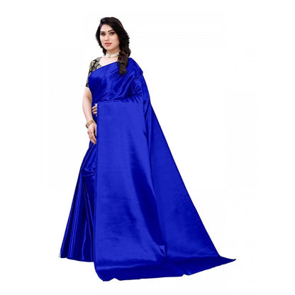 Generic Women's Satin Saree With Blouse (Royal Blue, 5-6mtrs)