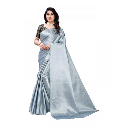 Generic Women's Satin Saree With Blouse (Grey, 5-6mtrs)