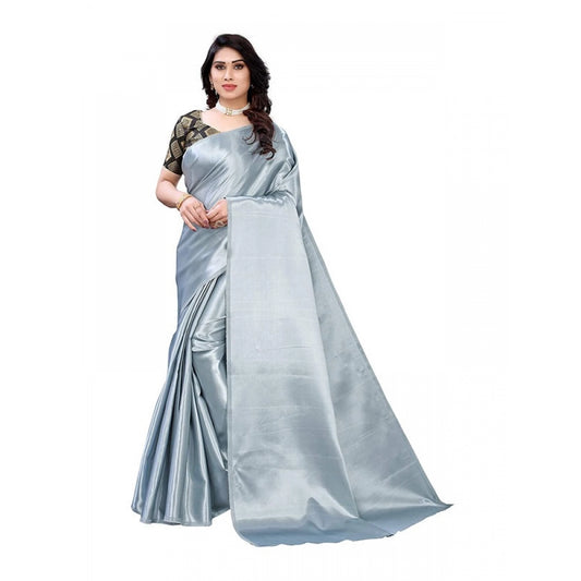 Generic Women's Satin Saree With Blouse (Grey, 5-6mtrs)