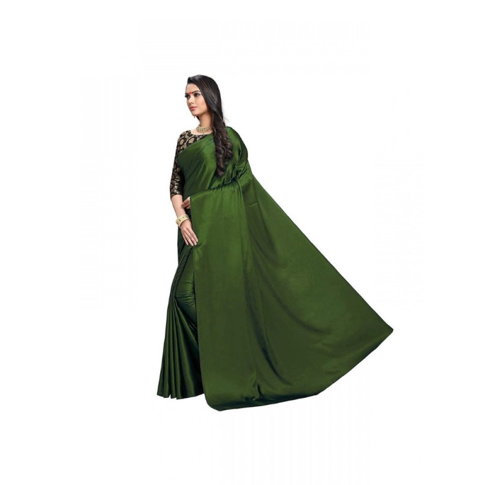 Generic Women's Satin Saree With Blouse (Mehandi, 5-6mtrs)