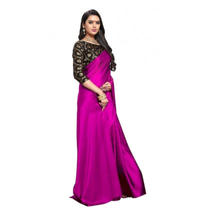 Generic Women's Satin Saree With Blouse (Magenta, 5-6mtrs)