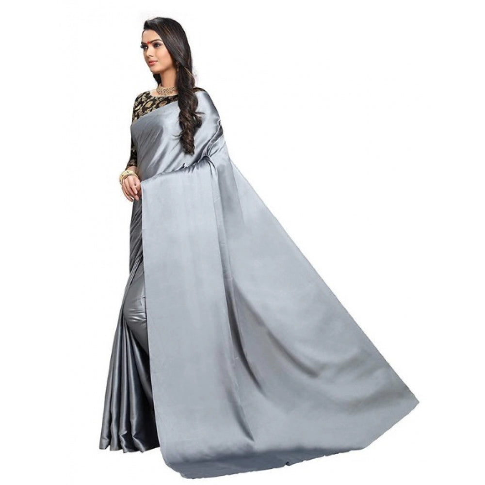 Generic Women's Satin Saree With Blouse (Grey, 5-6mtrs)