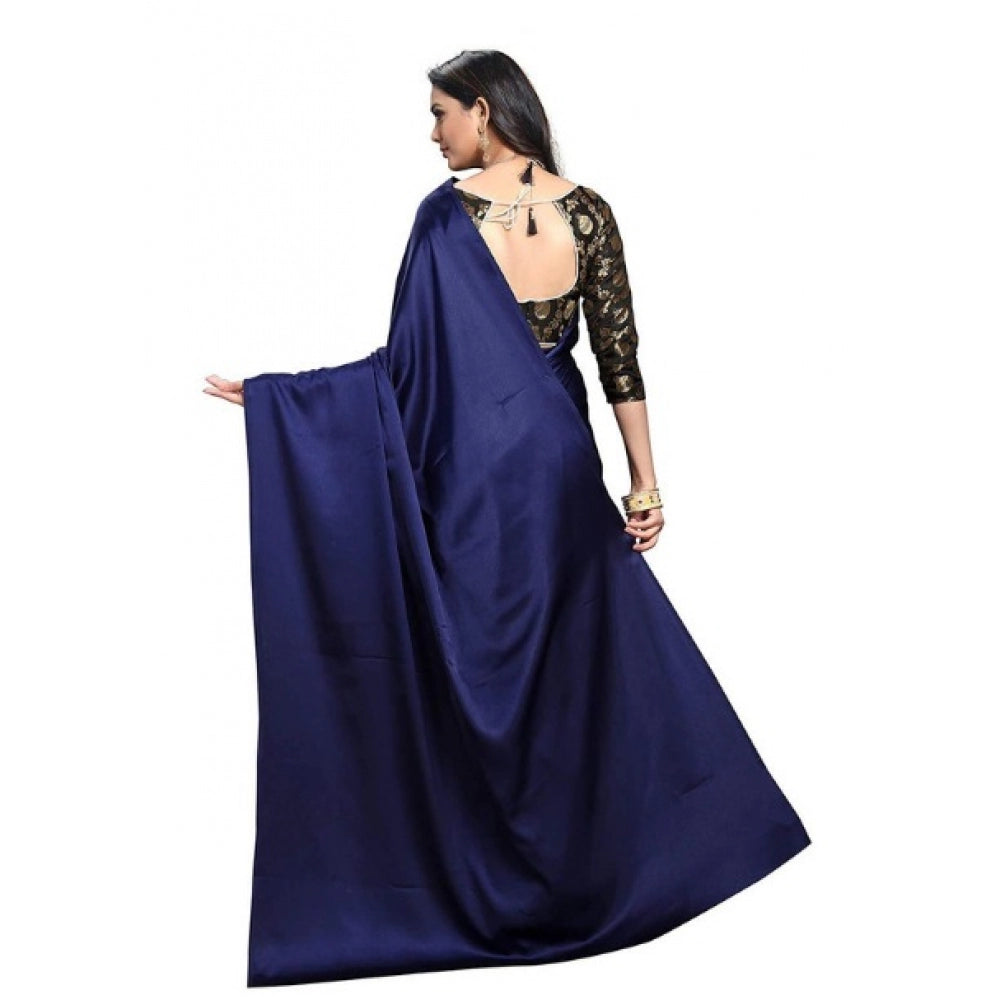 Generic Women's Satin Saree With Blouse (Navy Blue, 5-6mtrs)