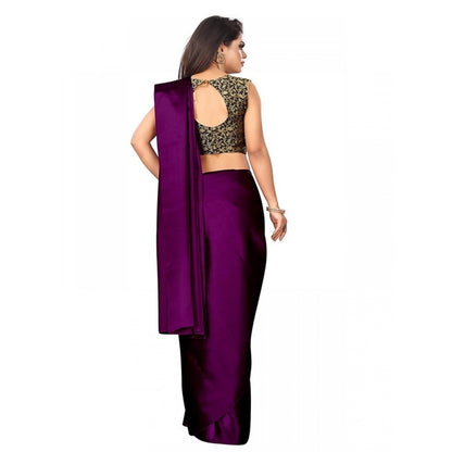 Generic Women's Satin Saree With Blouse (Wine, 5-6mtrs)