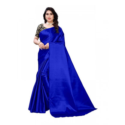 Generic Women's Satin Saree With Blouse (Royal Blue, 5-6mtrs)