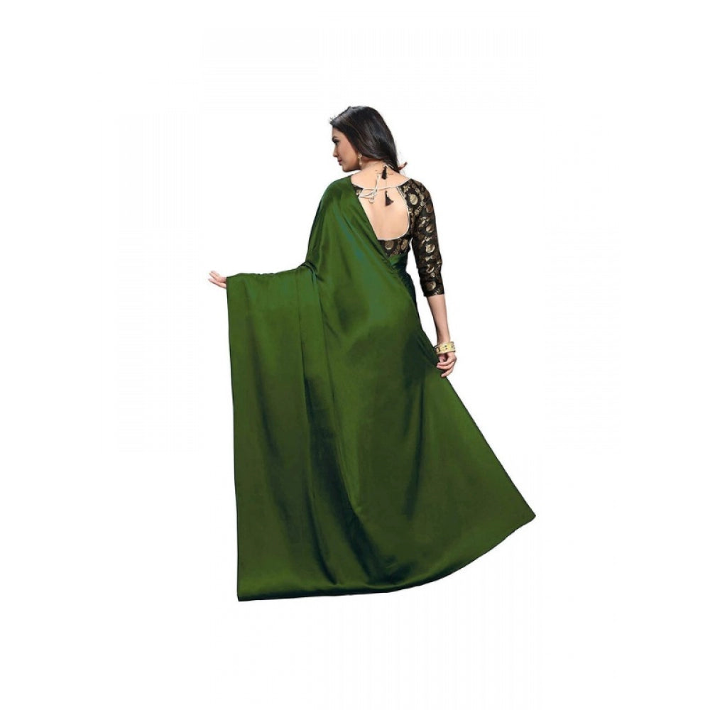 Generic Women's Satin Saree With Blouse (Mehandi, 5-6mtrs)