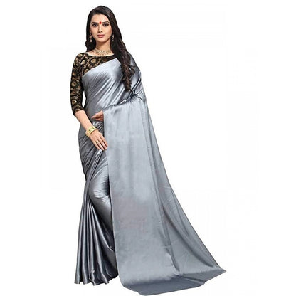 Generic Women's Satin Saree With Blouse (Grey, 5-6mtrs)