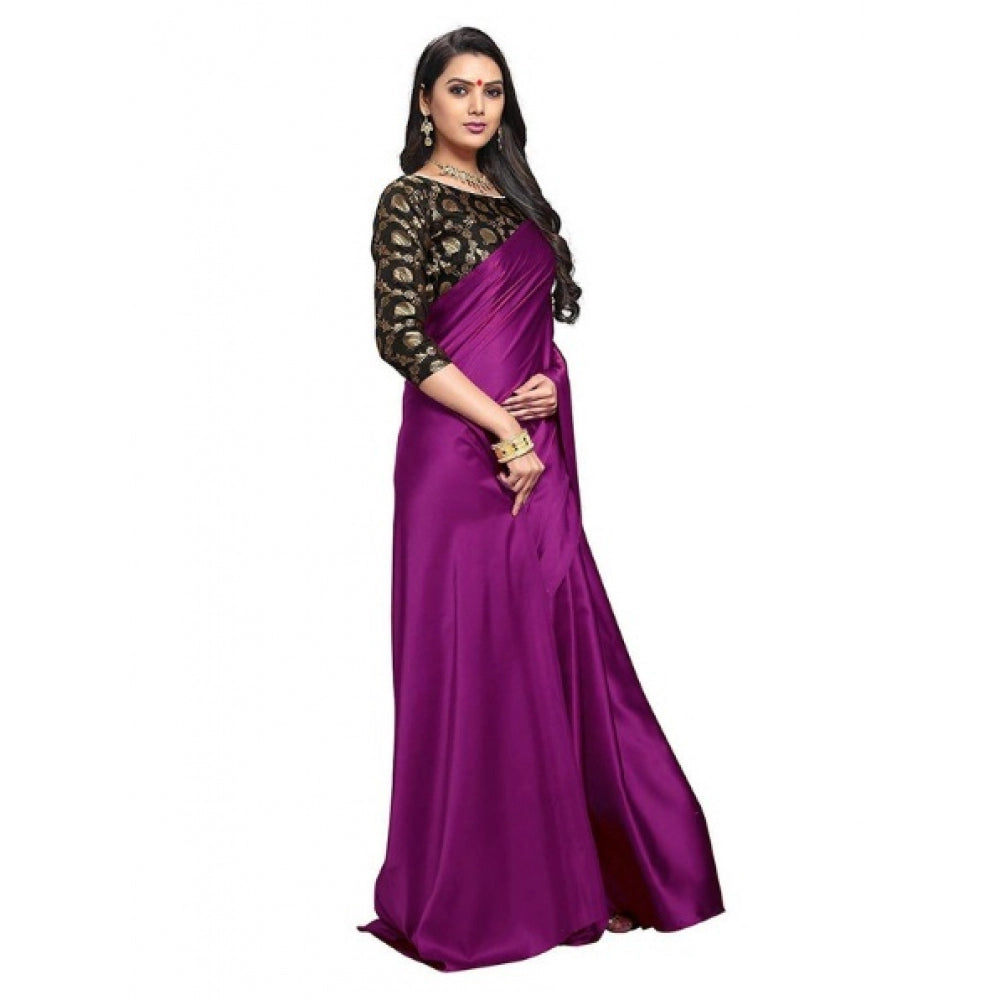 Generic Women's Satin Saree With Blouse (Wine, 5-6mtrs)