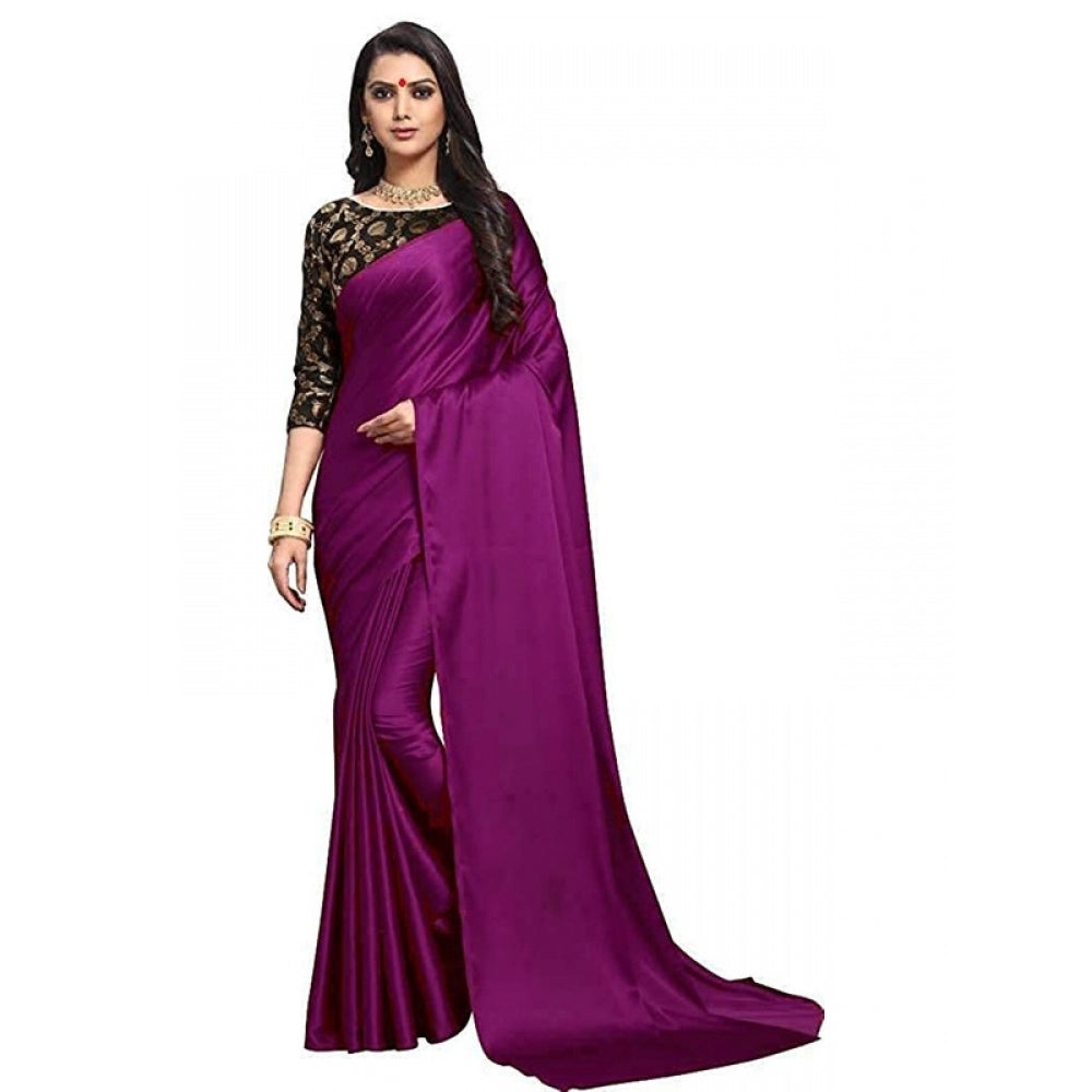 Generic Women's Satin Saree With Blouse (Wine, 5-6mtrs)