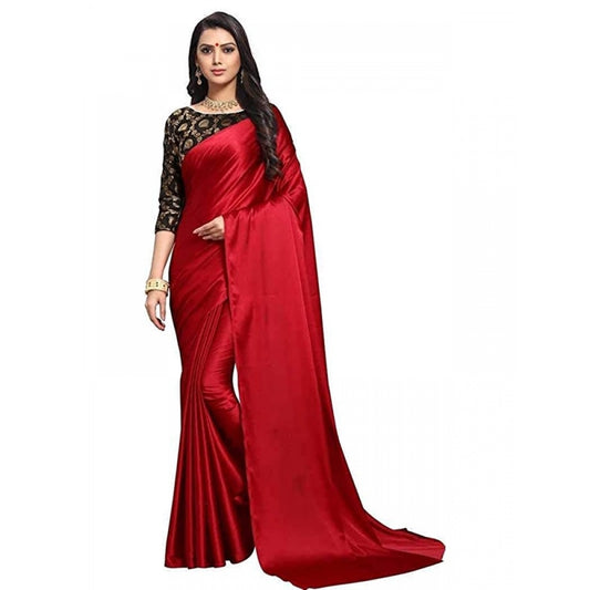 Generic Women's Satin Saree With Blouse (Red, 5-6mtrs)