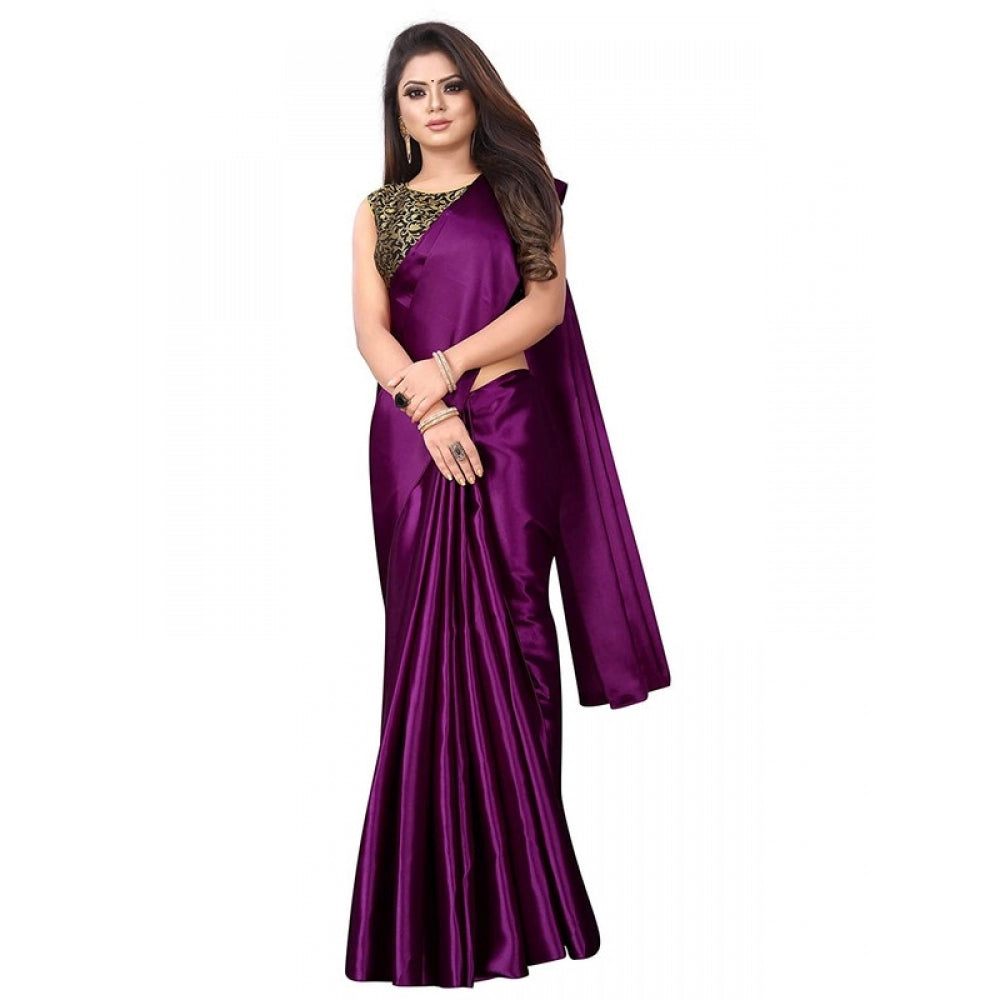 Generic Women's Satin Saree With Blouse (Wine, 5-6mtrs)