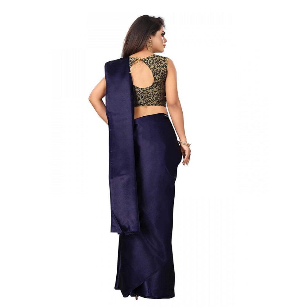 Generic Women's Satin Saree With Blouse (Navy Blue, 5-6mtrs)