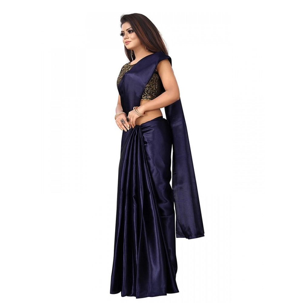 Generic Women's Satin Saree With Blouse (Navy Blue, 5-6mtrs)