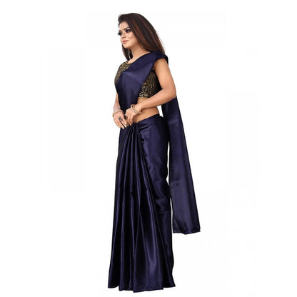 Generic Women's Satin Saree With Blouse (Navy Blue, 5-6mtrs)