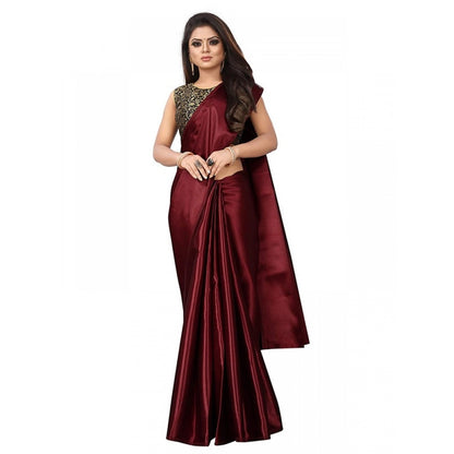 Generic Women's Satin Saree With Blouse (Maroon, 5-6mtrs)