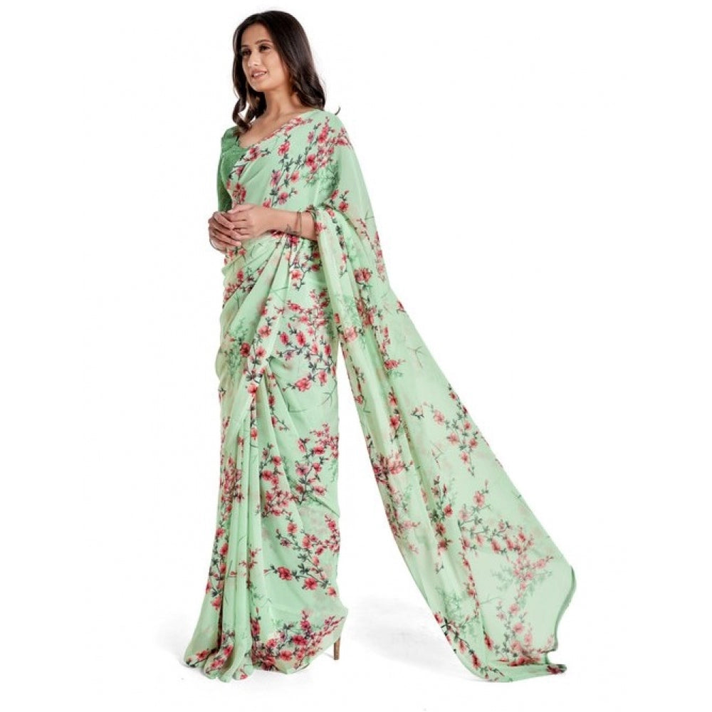 Generic Women's Georgette Saree With Blouse (Light Green, 5-6mtrs)