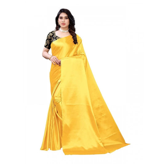 Generic Women's Satin Saree With Blouse (Yellow, 5-6mtrs)