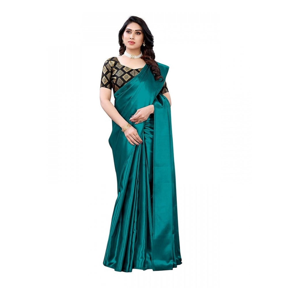 Generic Women's Satin Saree With Blouse (Teal, 5-6mtrs)