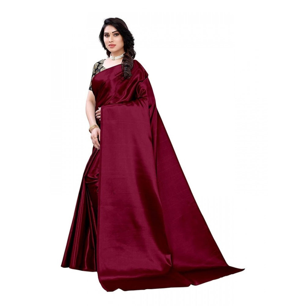 Generic Women's Satin Saree With Blouse (Maroon, 5-6mtrs)