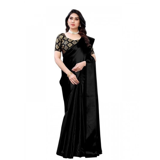 Generic Women's Satin Saree With Blouse (Black, 5-6mtrs)