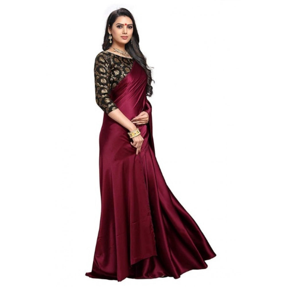 Generic Women's Satin Saree With Blouse (Maroon, 5-6mtrs)